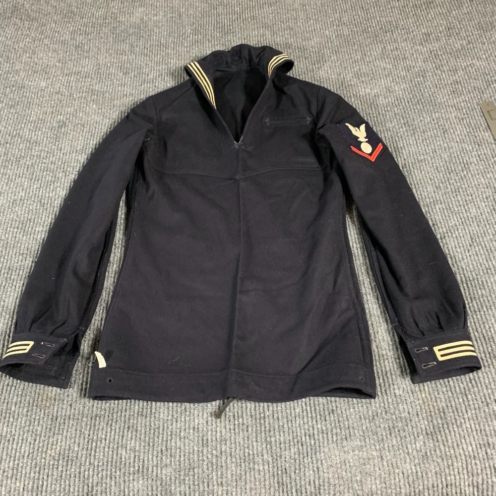 VTG US Navy Dress Jumper 38 Black Wool Cracker Jack 70s Uniform Eagle Patch USA‎